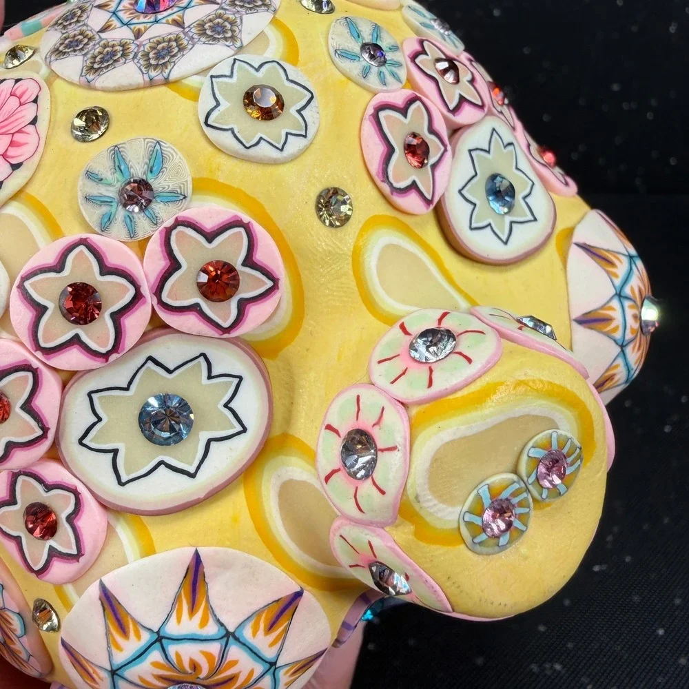 Billie Beads 2003 Handcrafted Piggy Bank Yellow Floral Millefiori Rhinestone 7in